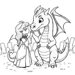 A cute, whimsical dragon in a medieval setting, bigger than a medieval princess, as she lovingly touches its nose