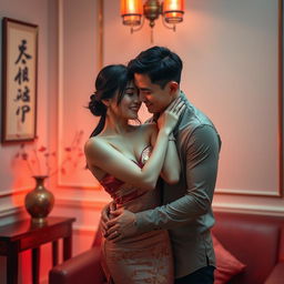 A romantic and intimate scene featuring a Chinese couple in a softly lit setting, portraying love, passion, and sensuality