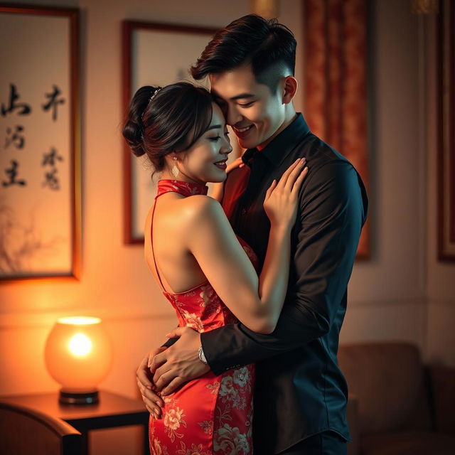 A romantic and intimate scene featuring a Chinese couple in a softly lit setting, portraying love, passion, and sensuality