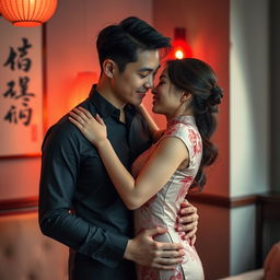 A romantic and intimate scene featuring a Chinese couple in a softly lit setting, portraying love, passion, and sensuality