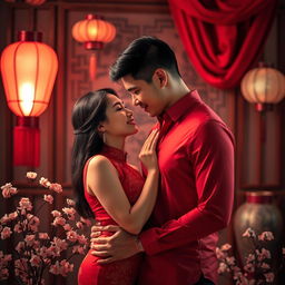 A vibrant and intimate scene showcasing a Chinese couple embodying love, passion, and romance