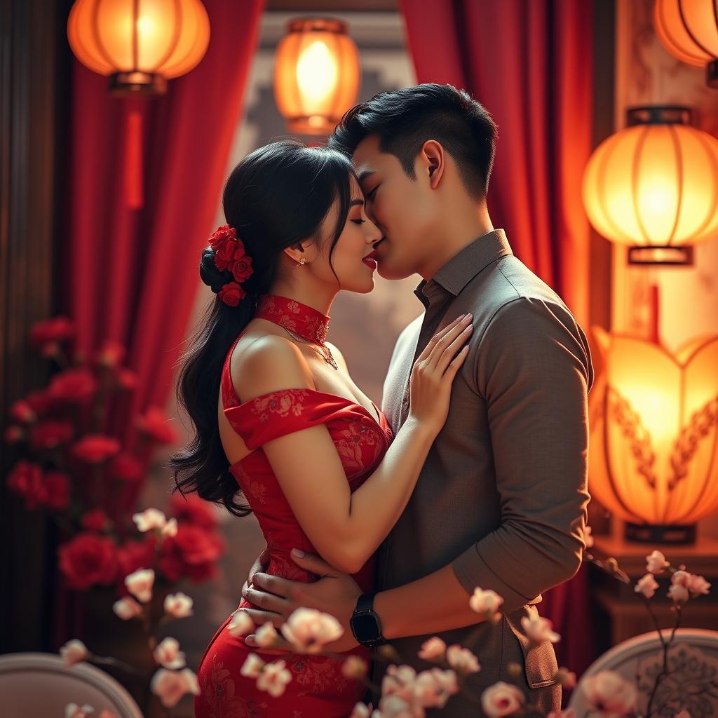 A vibrant and intimate scene showcasing a Chinese couple embodying love, passion, and romance