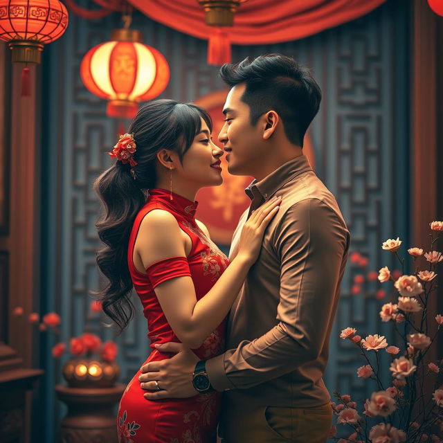 A vibrant and intimate scene showcasing a Chinese couple embodying love, passion, and romance