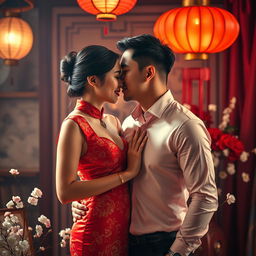A vibrant and intimate scene showcasing a Chinese couple embodying love, passion, and romance
