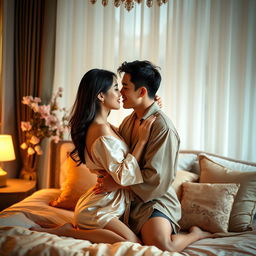 An intimate and romantic bedroom scene featuring a Chinese man and woman embodying love, passion, and sensuality