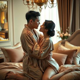 An intimate and romantic bedroom scene featuring a Chinese man and woman embodying love, passion, and sensuality