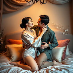 An intimate and romantic bedroom scene featuring a Chinese man and woman embodying love, passion, and sensuality