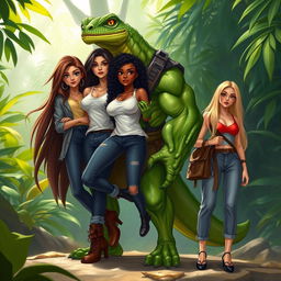 A green humanoid lizard character, muscular and tall, standing confidently while carrying three human women in an adventurous setting