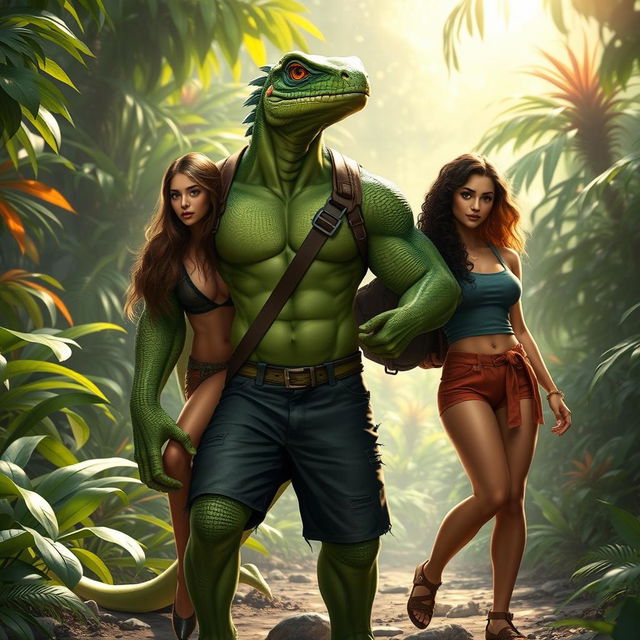 A green humanoid lizard character, muscular and tall, standing confidently while carrying three human women in an adventurous setting