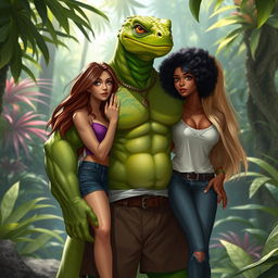 A green humanoid lizard character, muscular and tall, standing confidently while carrying three human women in an adventurous setting