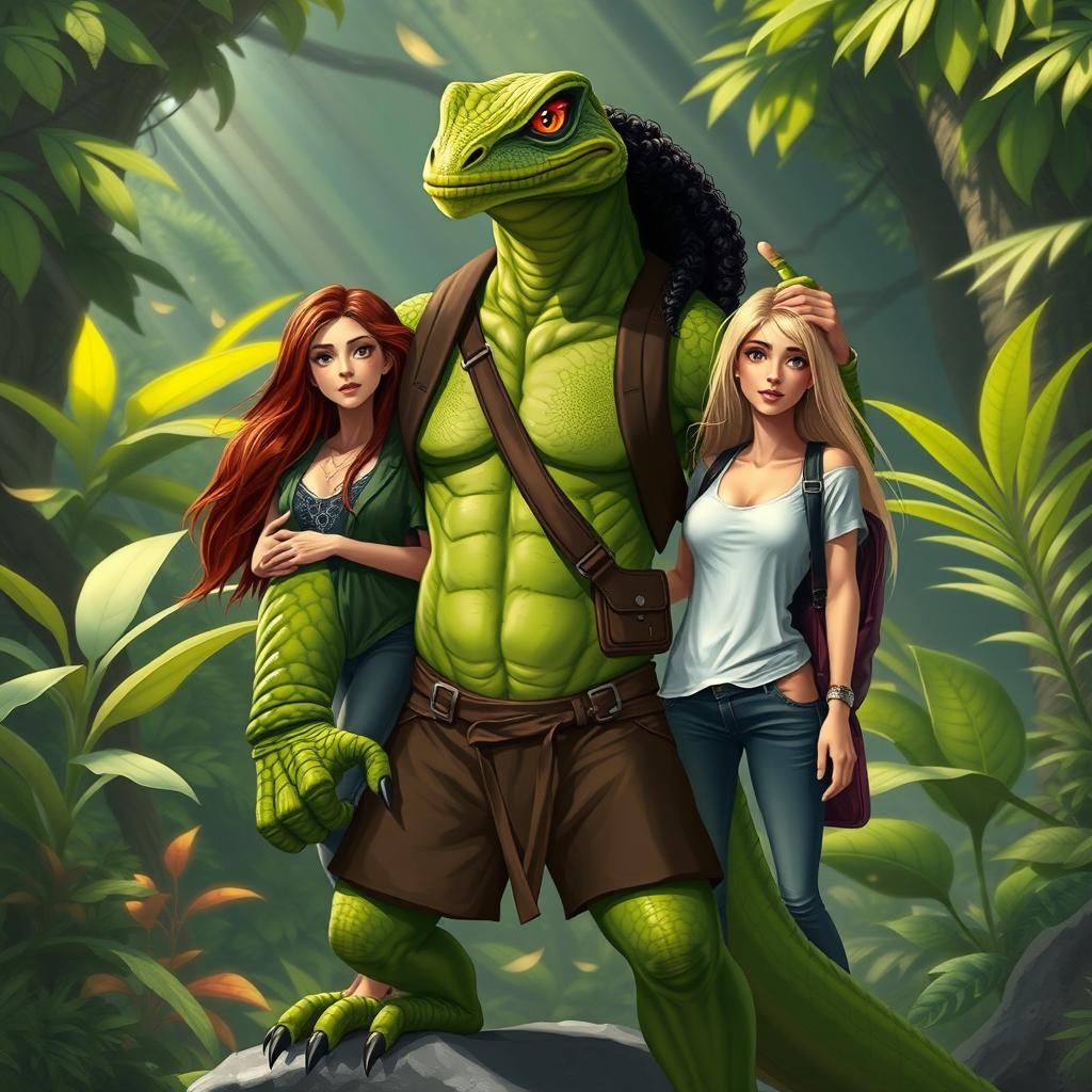 A green humanoid lizard character, muscular and tall, standing confidently while carrying three human women in an adventurous setting