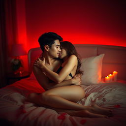 A romantic scene set in a dimly lit bedroom during a dark night