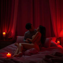 A romantic scene set in a dimly lit bedroom during a dark night