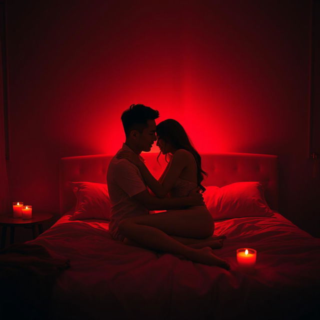 A romantic scene set in a dimly lit bedroom during a dark night