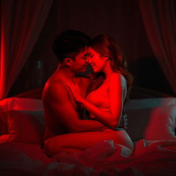 A passionate and romantic scene set in a dimly lit bedroom during a dark night