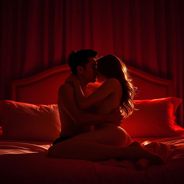 A passionate and romantic scene set in a dimly lit bedroom during a dark night