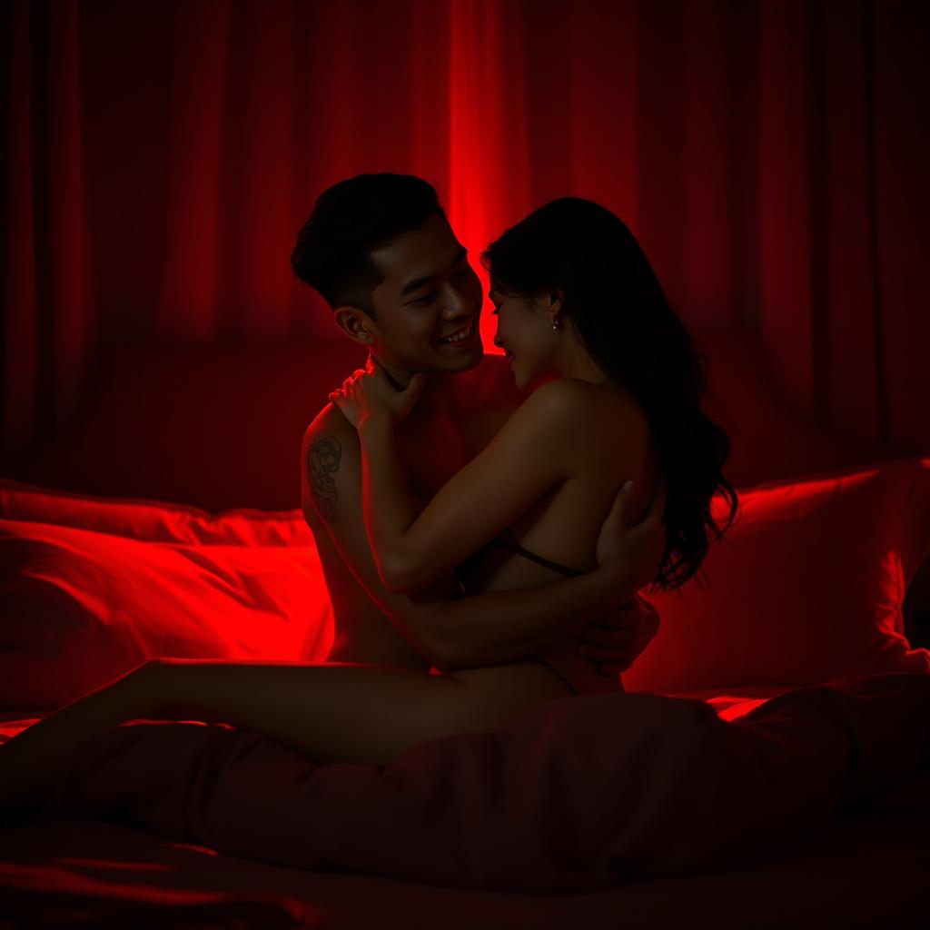 A passionate and romantic scene set in a dimly lit bedroom during a dark night