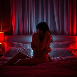A passionate and romantic scene set in a dimly lit bedroom during a dark night