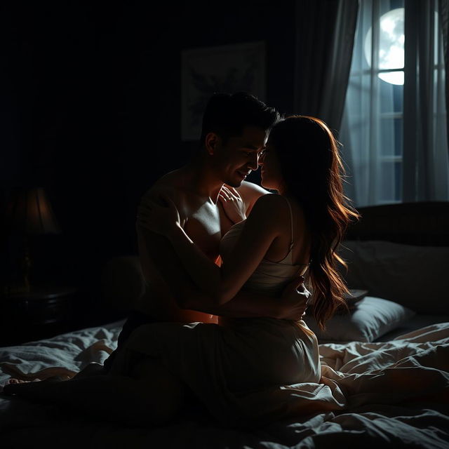 An intimate scene in a shadowy bedroom during a dark night