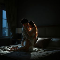 An intimate scene in a shadowy bedroom during a dark night