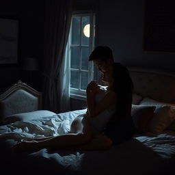 An intimate scene in a shadowy bedroom during a dark night