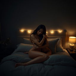 An intimate scene in a cozy bedroom during a dark night