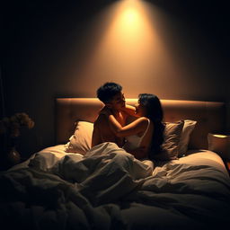 An intimate scene in a cozy bedroom during a dark night