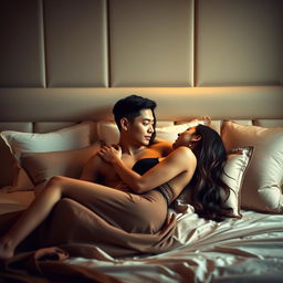An intimate scene in a stylish bedroom, featuring a Chinese man and a beautiful, sexy woman sharing a romantic moment