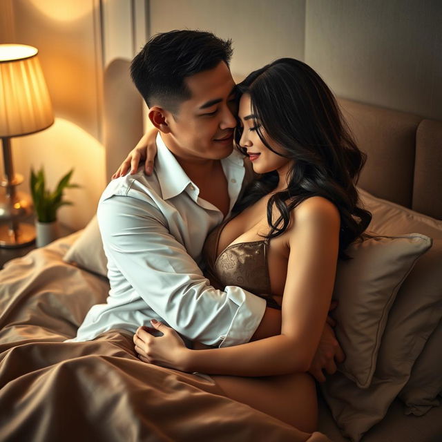 An intimate scene in a stylish bedroom, featuring a Chinese man and a beautiful, sexy woman sharing a romantic moment