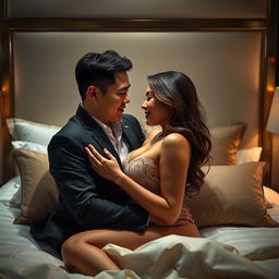 An intimate scene in a stylish bedroom, featuring a Chinese man and a beautiful, sexy woman sharing a romantic moment