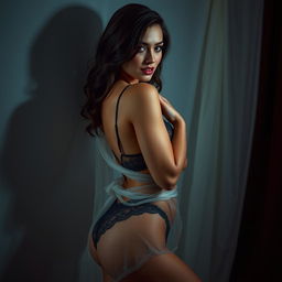 A sensual and alluring scene, featuring a confident, attractive woman in elegant lingerie, posed suggestively against a softly lit backdrop