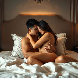 An intimate scene in a stylish bedroom, featuring a Chinese man and a beautiful, sexy woman sharing a romantic moment