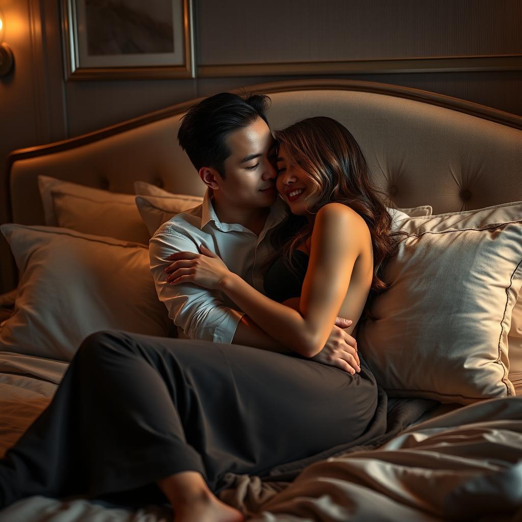 An intimate scene in a stylish bedroom, featuring a Chinese man and a beautiful, sexy woman sharing a romantic moment