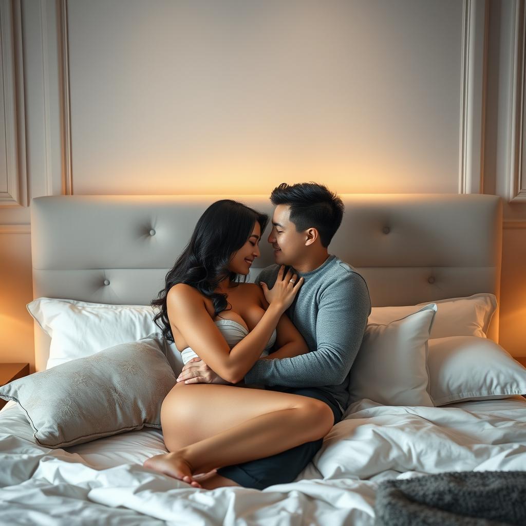 An intimate scene in a beautifully decorated bedroom featuring a Chinese man and a sexy woman in a tender moment of love