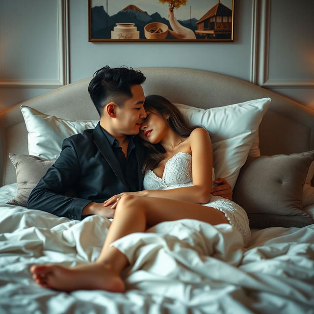 An intimate scene in a beautifully decorated bedroom featuring a Chinese man and a sexy woman in a tender moment of love