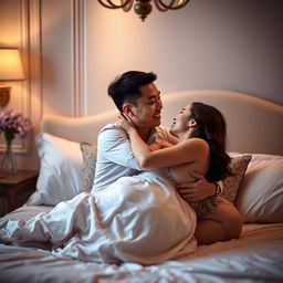An intimate and romantic scene in a beautifully decorated bedroom, featuring a Chinese man and a sexy woman sharing a loving moment together