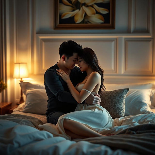 An intimate and romantic scene in a beautifully decorated bedroom, featuring a Chinese man and a sexy woman sharing a loving moment together