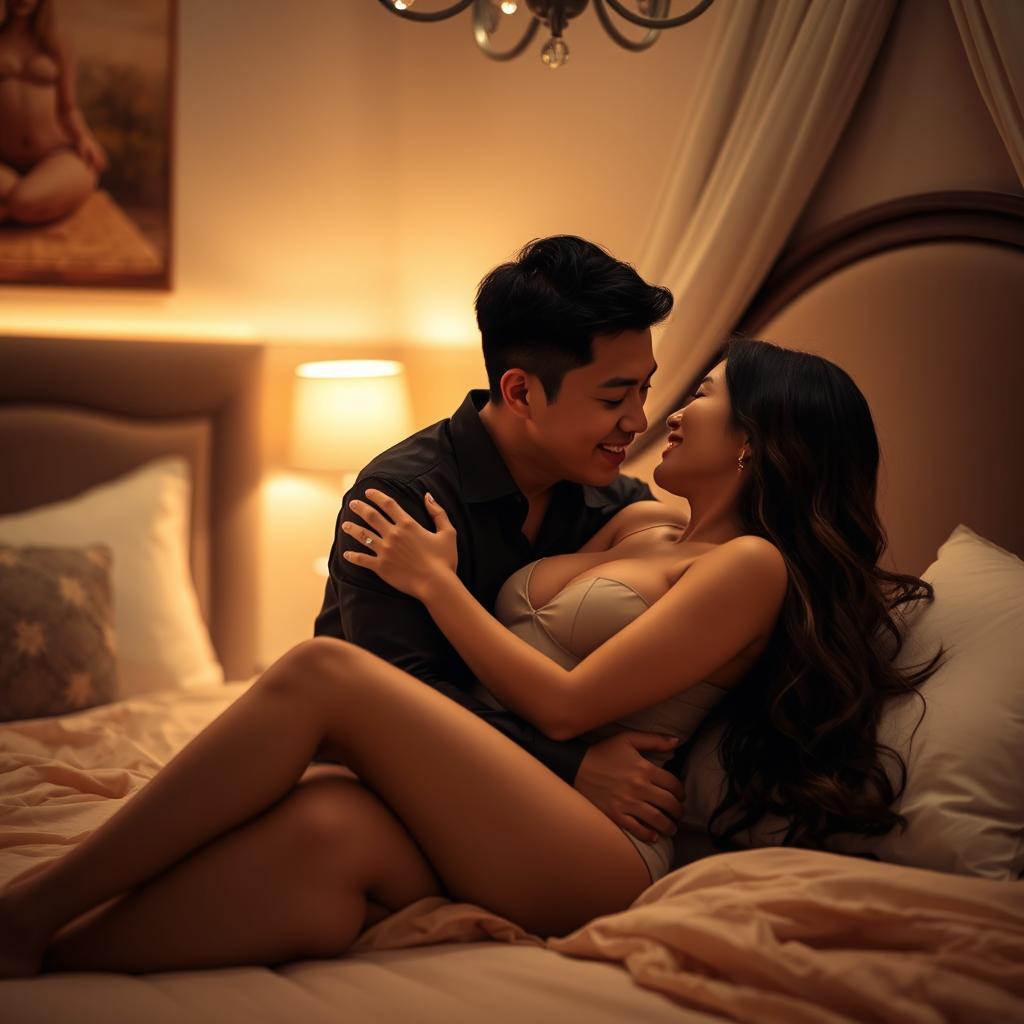An intimate and romantic scene in a beautifully decorated bedroom, featuring a Chinese man and a sexy woman sharing a loving moment together
