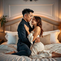 An intimate and romantic scene in a beautifully decorated bedroom, featuring a Chinese man and a sexy woman sharing a loving moment together