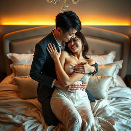 A tender and romantic scene in a luxurious bedroom, featuring a Chinese man and a sexy woman embracing each other passionately