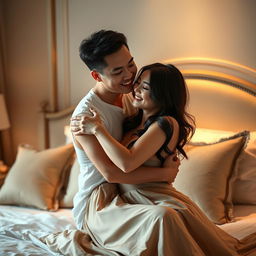 A tender and romantic scene in a luxurious bedroom, featuring a Chinese man and a sexy woman embracing each other passionately