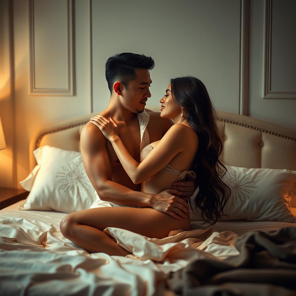 A sensual and intimate scene set in an elegantly designed bedroom, featuring a Chinese man and a sexy woman deeply connected in a moment of love