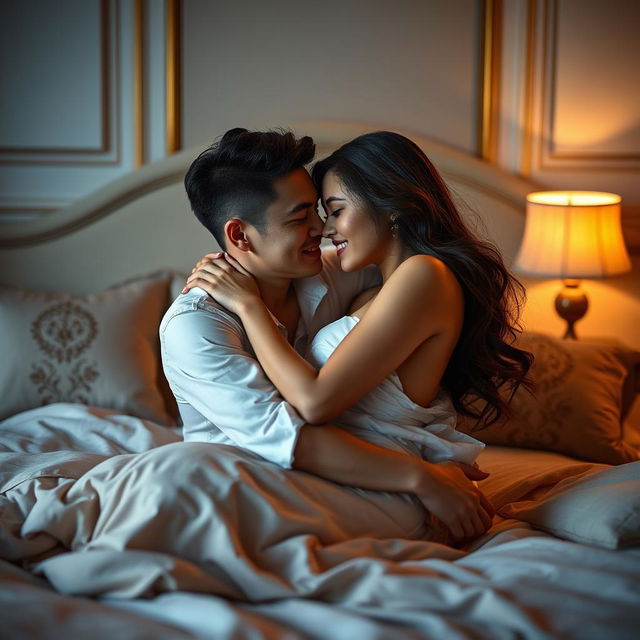 A sensual and intimate scene set in an elegantly designed bedroom, featuring a Chinese man and a sexy woman deeply connected in a moment of love