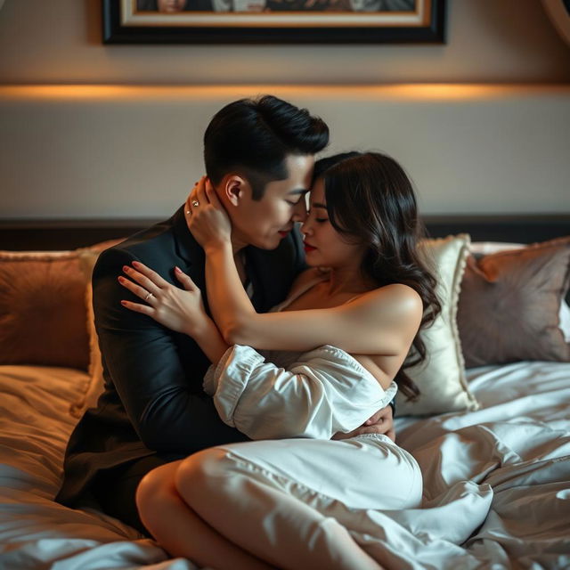 A romantic and intimate scene set in a tastefully decorated bedroom, featuring a Chinese man and a sexy woman locked in a passionate embrace