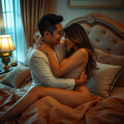 A romantic and intimate scene set in a tastefully decorated bedroom, featuring a Chinese man and a sexy woman locked in a passionate embrace