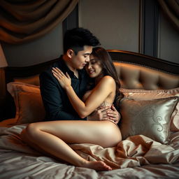 A romantic and intimate scene set in a tastefully decorated bedroom, featuring a Chinese man and a sexy woman locked in a passionate embrace