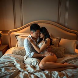 A romantic and intimate scene set in a tastefully decorated bedroom, featuring a Chinese man and a sexy woman locked in a passionate embrace