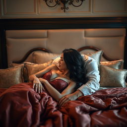 An intimate and romantic scene in an opulent bedroom, showcasing a Chinese man and a sexy woman captured in a passionate embrace