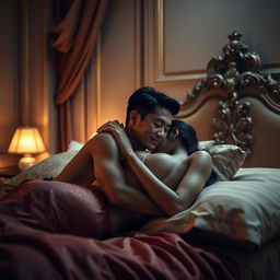 An intimate and romantic scene in an opulent bedroom, showcasing a Chinese man and a sexy woman captured in a passionate embrace