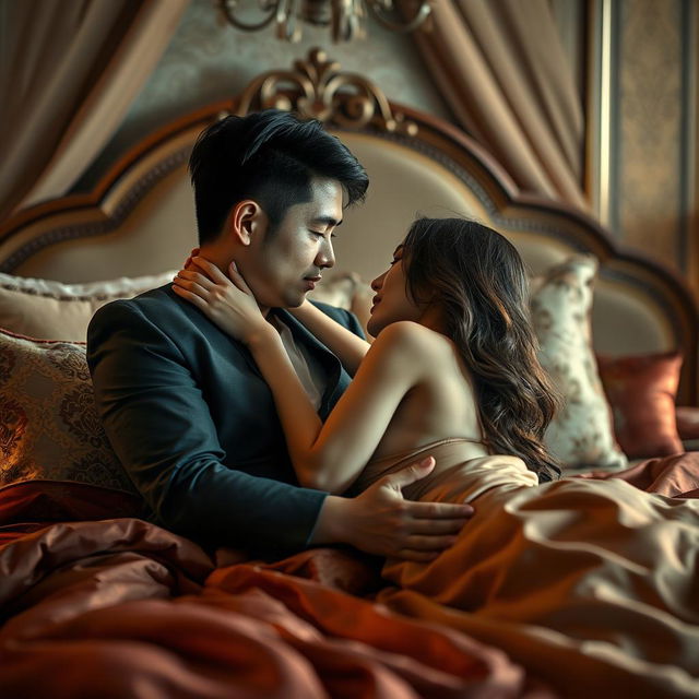 An intimate and romantic scene in an opulent bedroom, showcasing a Chinese man and a sexy woman captured in a passionate embrace